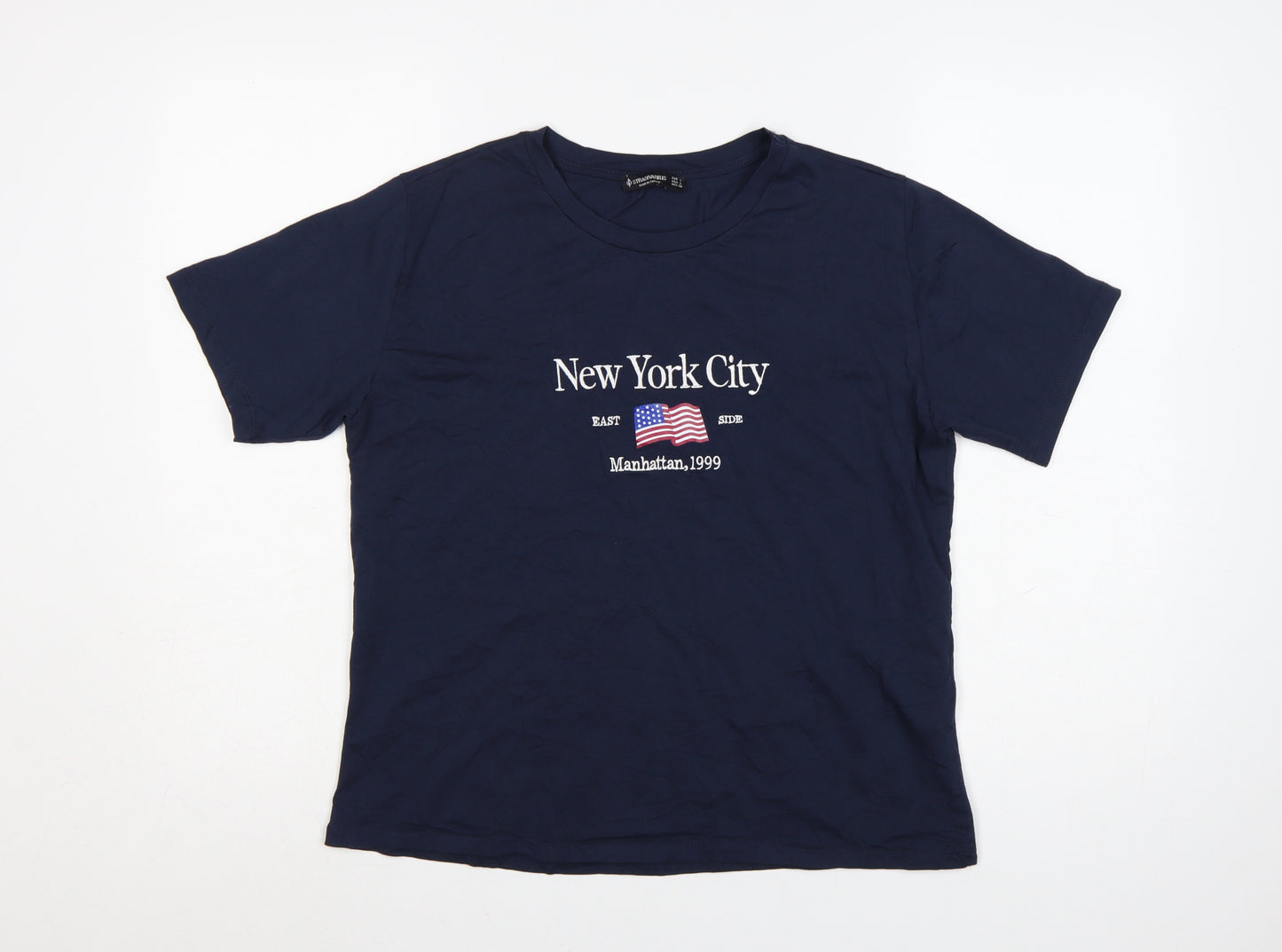 Stradivarius Women's Blue Cotton New York City Embroidered T-Shirt Size 12