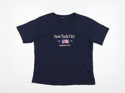 Stradivarius Women's Blue Cotton New York City Embroidered T-Shirt Size 12