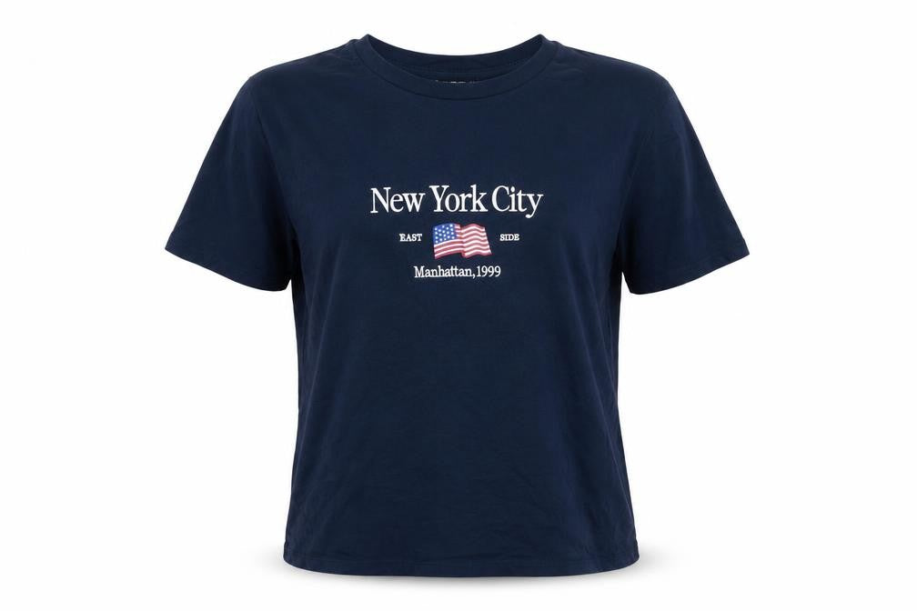 Stradivarius Women's Blue Cotton New York City Embroidered T-Shirt Size 12