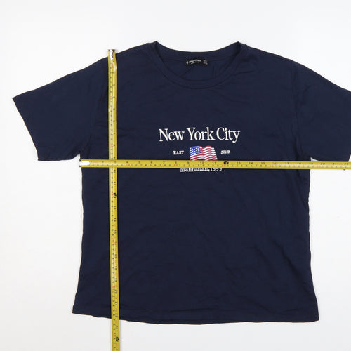 Stradivarius Women's Blue Cotton New York City Embroidered T-Shirt Size 12