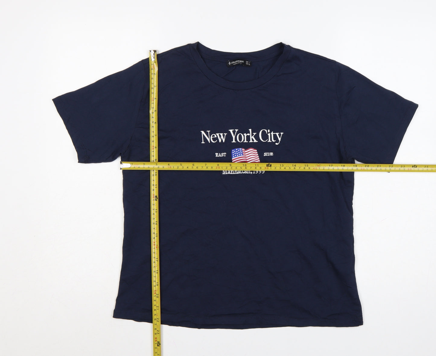 Stradivarius Women's Blue Cotton New York City Embroidered T-Shirt Size 12