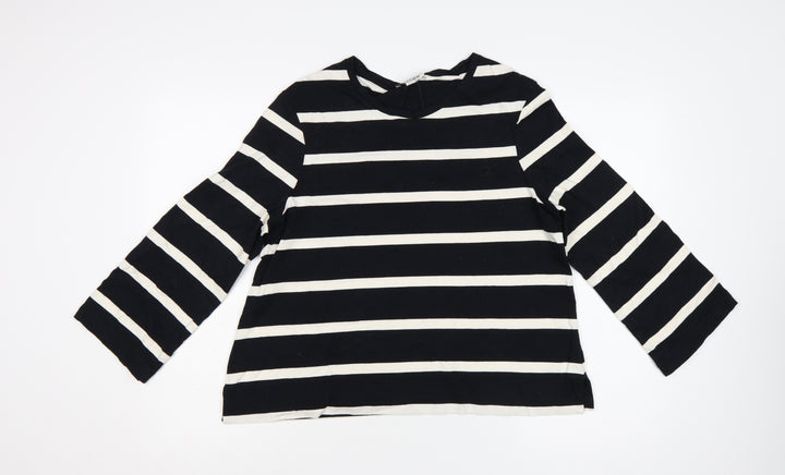 Jaeger Women Black Striped Cotton Long Sleeve Blouse Size 12