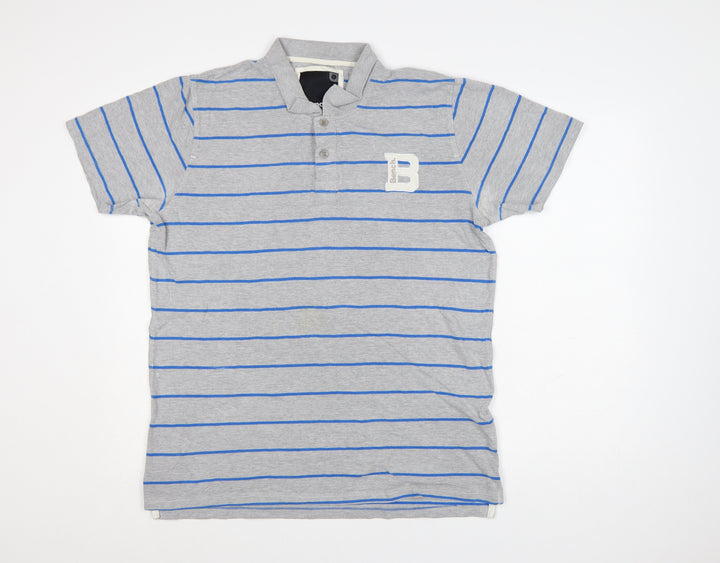 Bench Mens Grey Striped Cotton Polo Shirt Size L
