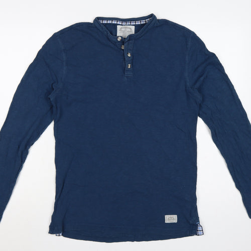 White Stuff Men's Blue Henley Long Sleeve Cotton T-Shirt Medium