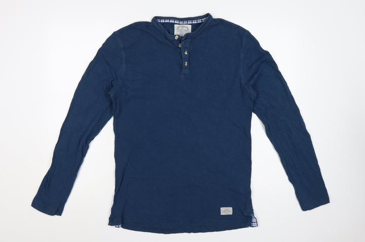 White Stuff Men's Blue Henley Long Sleeve Cotton T-Shirt Medium