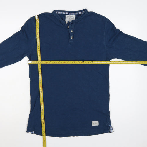 White Stuff Men's Blue Henley Long Sleeve Cotton T-Shirt Medium