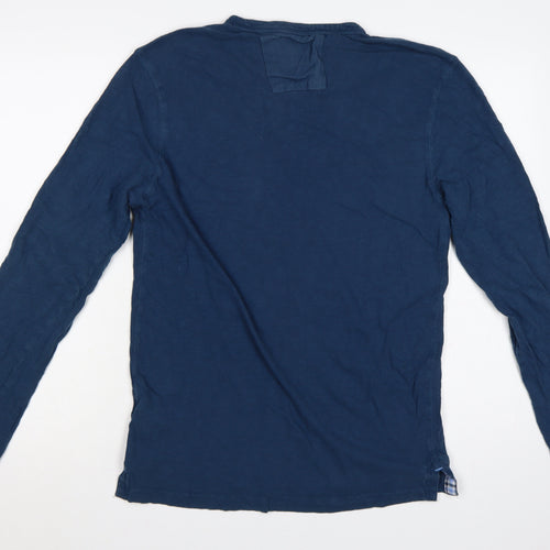 White Stuff Men's Blue Henley Long Sleeve Cotton T-Shirt Medium