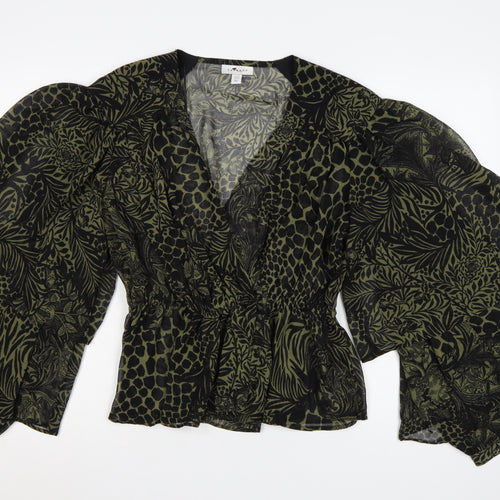 Topshop Women's Green Animal Print Wrap Blouse UK 12 Puff Sleeve