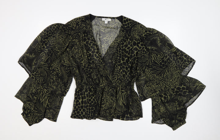 Topshop Women's Green Animal Print Wrap Blouse UK 12 Puff Sleeve