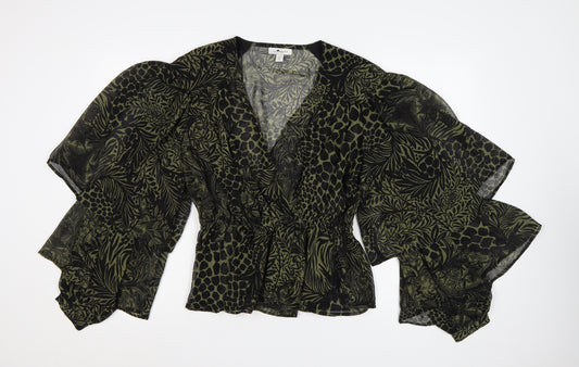 Topshop Women's Green Animal Print Wrap Blouse UK 12 Puff Sleeve