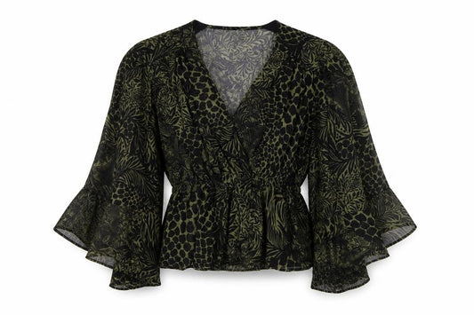 Front view of Topshop Women's Green Animal Print Wrap Blouse UK 12 Puff Sleeve