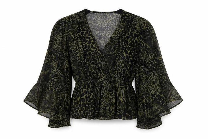 Topshop Women's Green Animal Print Wrap Blouse UK 12 Puff Sleeve