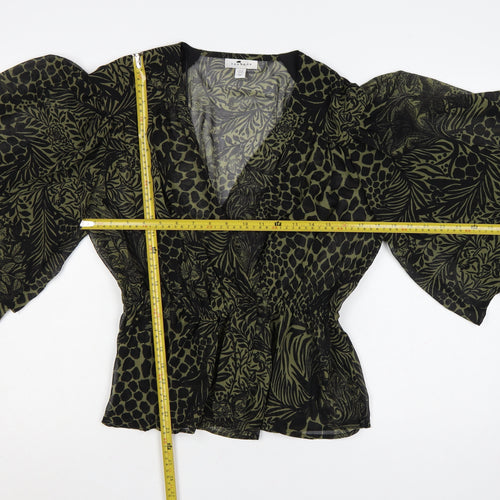 Topshop Women's Green Animal Print Wrap Blouse UK 12 Puff Sleeve