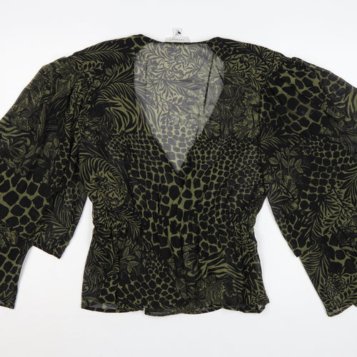 Topshop Women's Green Animal Print Wrap Blouse UK 12 Puff Sleeve
