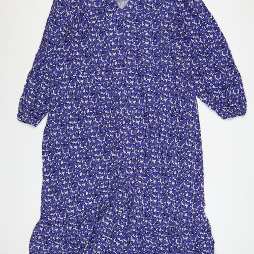 Next Women Blue Floral Midi Smock Dress Size 20 V-Neck 3/4 Sleeve