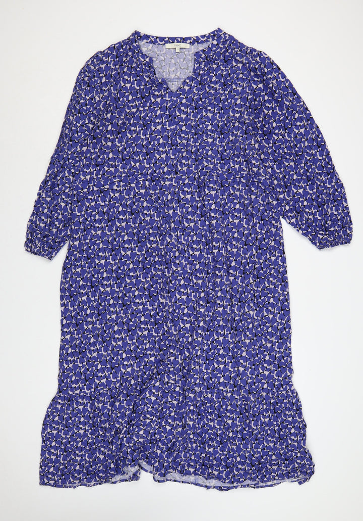 Next Women Blue Floral Midi Smock Dress Size 20 V-Neck 3/4 Sleeve