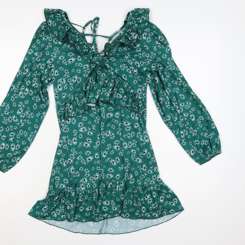 Topshop Women’s Green Floral Ruffle Mini Dress UK 6 Petite