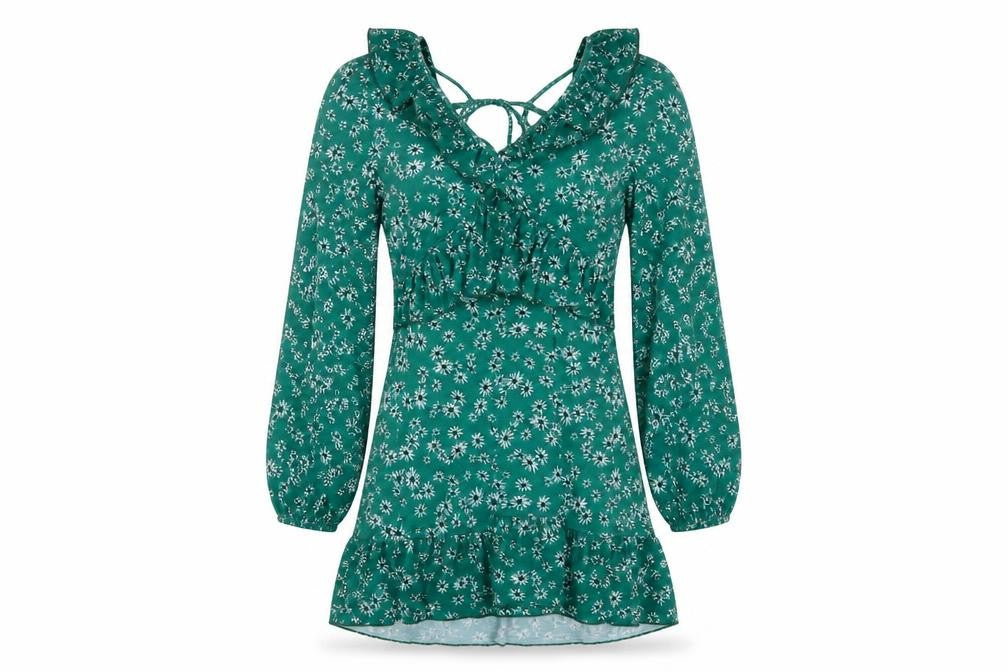 Topshop Women’s Green Floral Ruffle Mini Dress UK 6 Petite