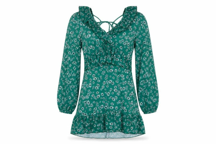 Topshop Women’s Green Floral Ruffle Mini Dress UK 6 Petite