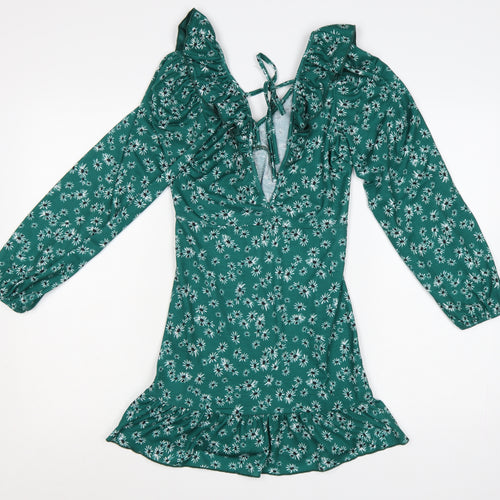 Topshop Women’s Green Floral Ruffle Mini Dress UK 6 Petite