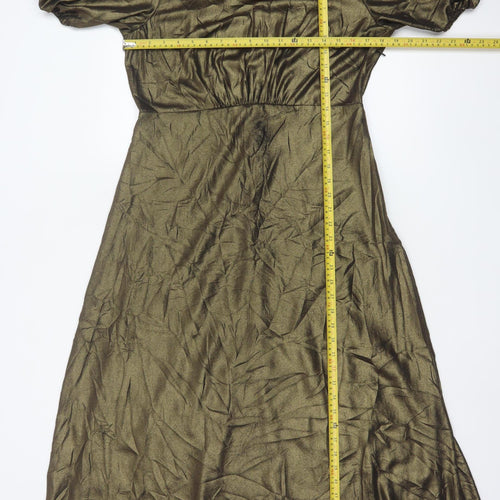 Marks and Spencer Women Green Size 12 Midi A-Line Puff Sleeve Dress