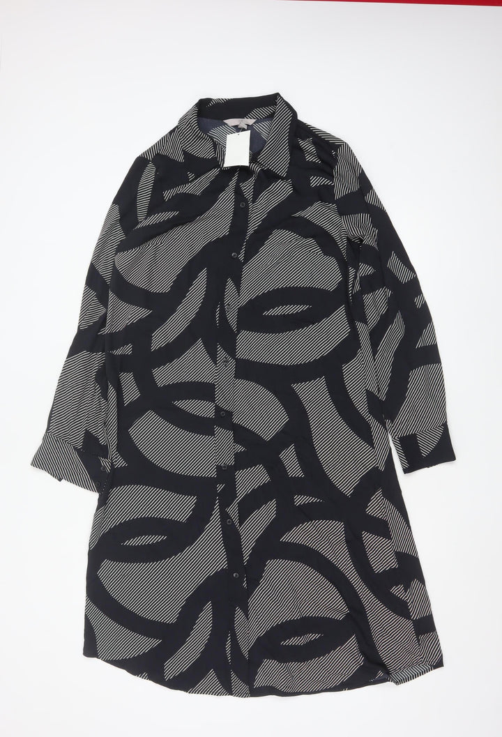 H&M Women’s Black Geometric Shirt Dress M Long Sleeve Collared