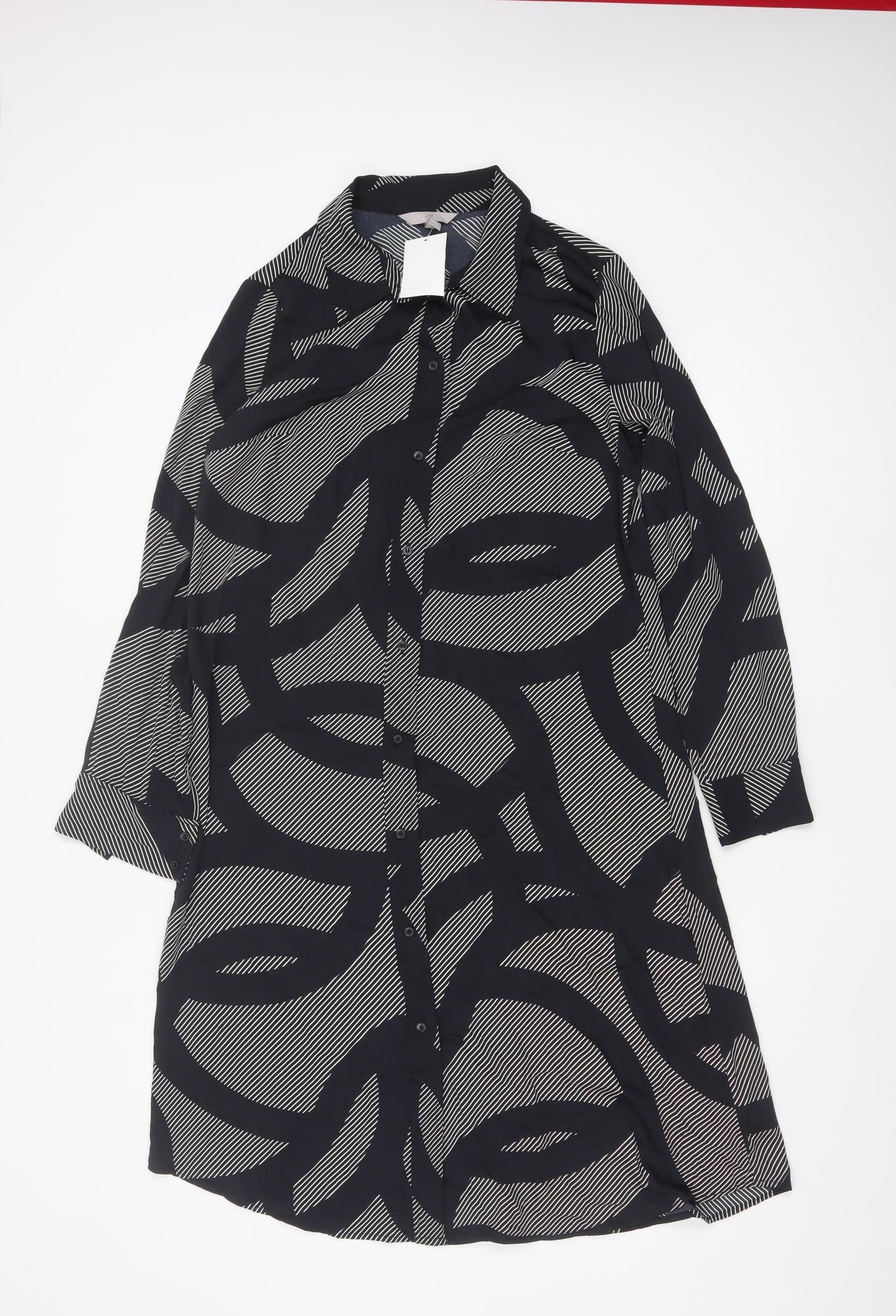 H&M Women’s Black Geometric Shirt Dress M Long Sleeve Collared