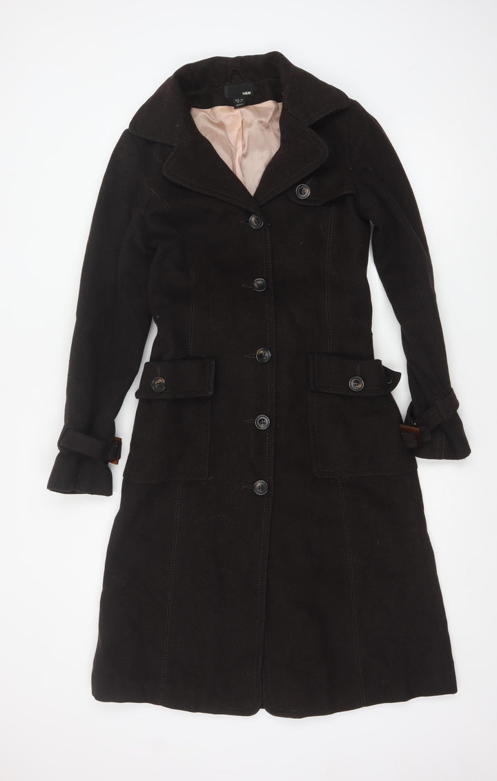 H&M Women's Brown Wool Blend Trench Coat Size 6 Belted Long