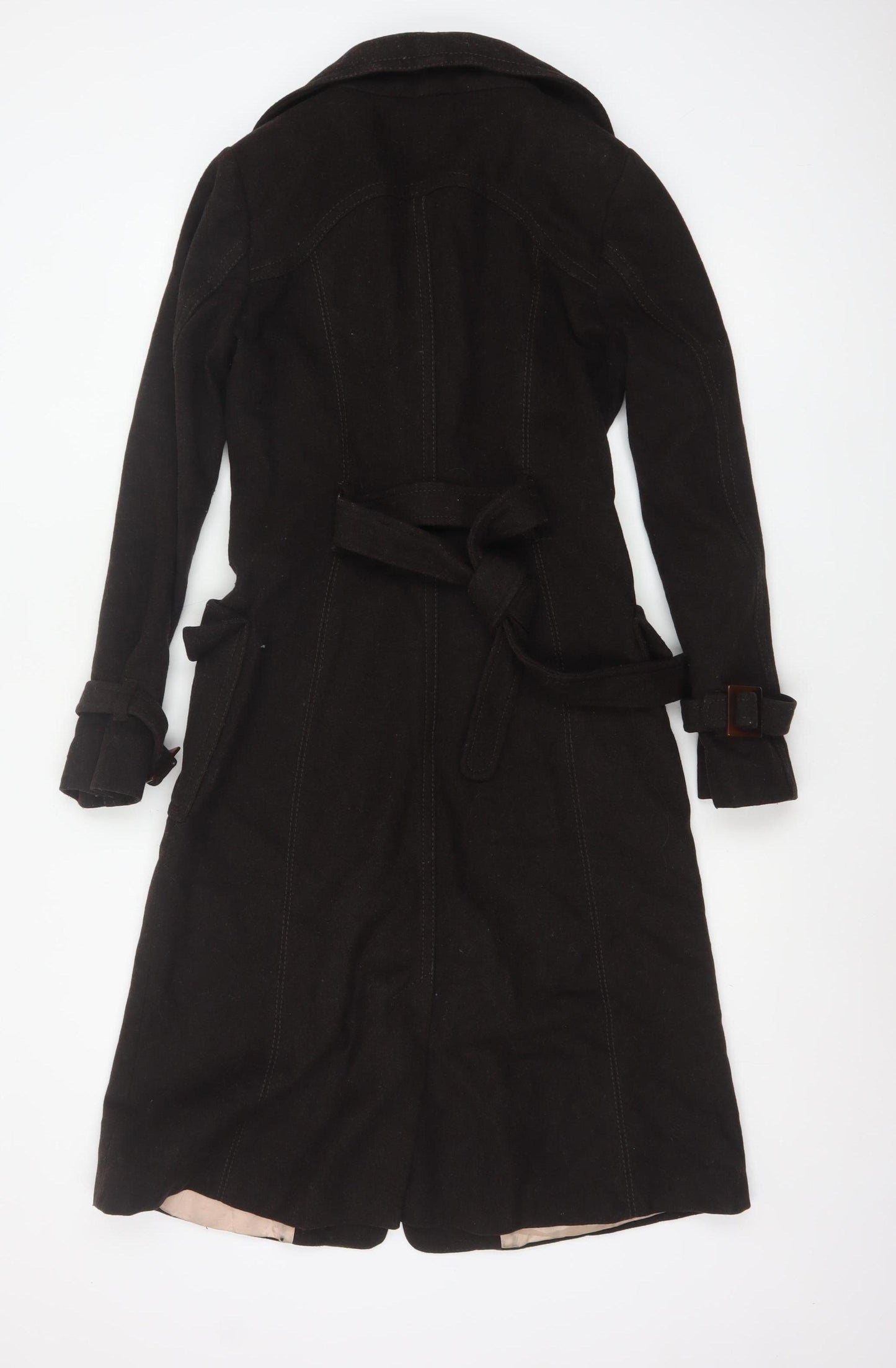 H&M Women's Brown Wool Blend Trench Coat Size 6 Belted Long