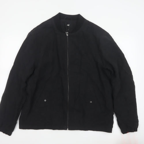 H&M Men's Black Linen Bomber Jacket L Regular Fit Zip Up