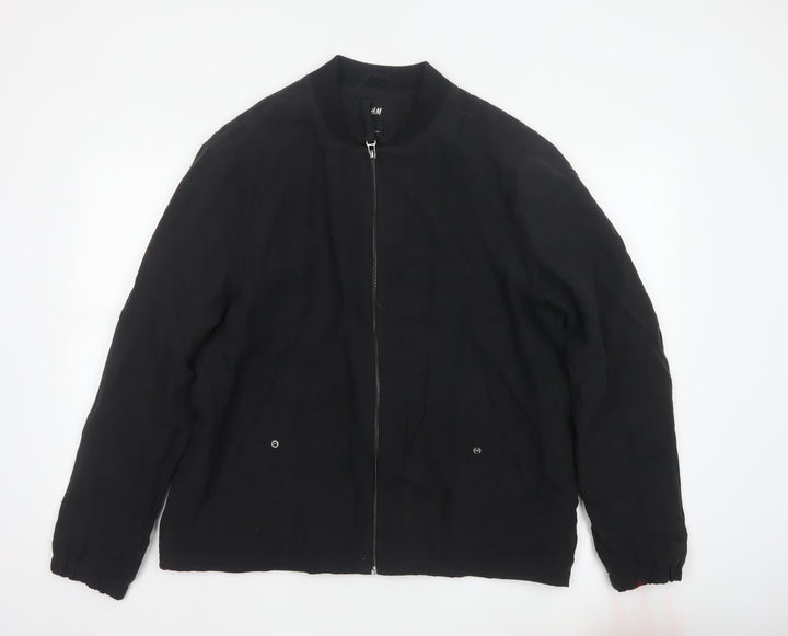 H&M Men's Black Linen Bomber Jacket L Regular Fit Zip Up