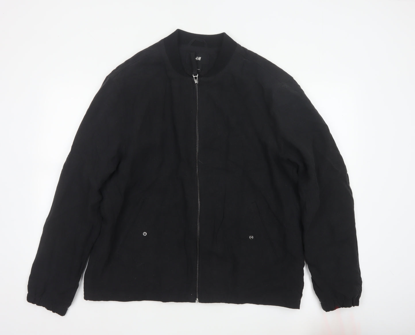 H&M Men's Black Linen Bomber Jacket L Regular Fit Zip Up