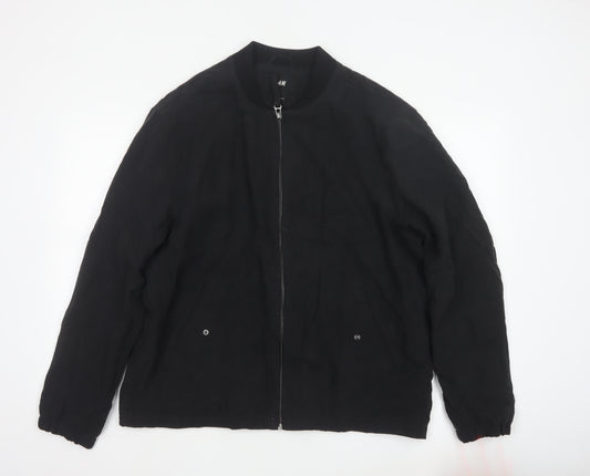 H&M Men's Black Linen Bomber Jacket L Regular Fit Zip Up
