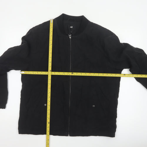 H&M Men's Black Linen Bomber Jacket L Regular Fit Zip Up