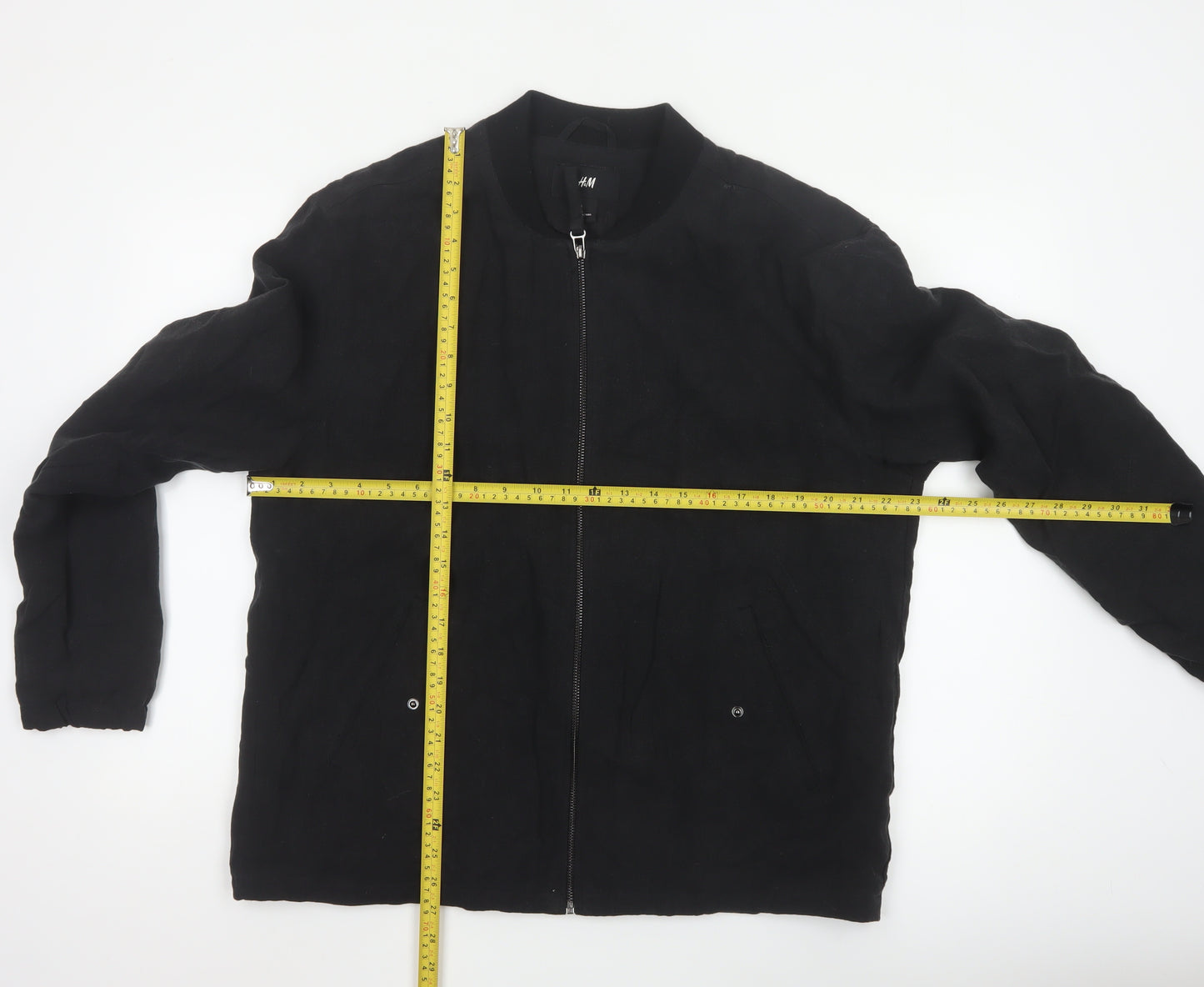 H&M Men's Black Linen Bomber Jacket L Regular Fit Zip Up