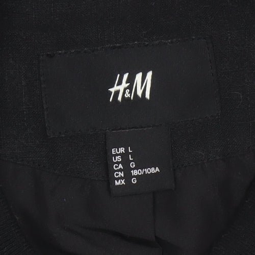 H&M Men's Black Linen Bomber Jacket L Regular Fit Zip Up