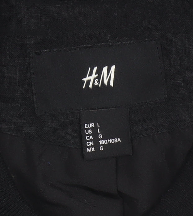 H&M Men's Black Linen Bomber Jacket L Regular Fit Zip Up