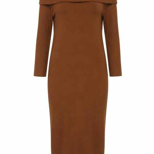 Pretty Lavish Women Brown 2XL Off Shoulder Knit Bodycon Dress