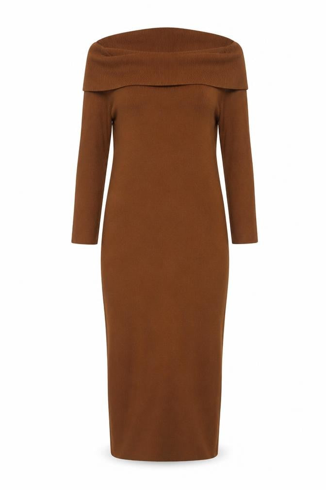 Pretty Lavish Women Brown 2XL Off Shoulder Knit Bodycon Dress