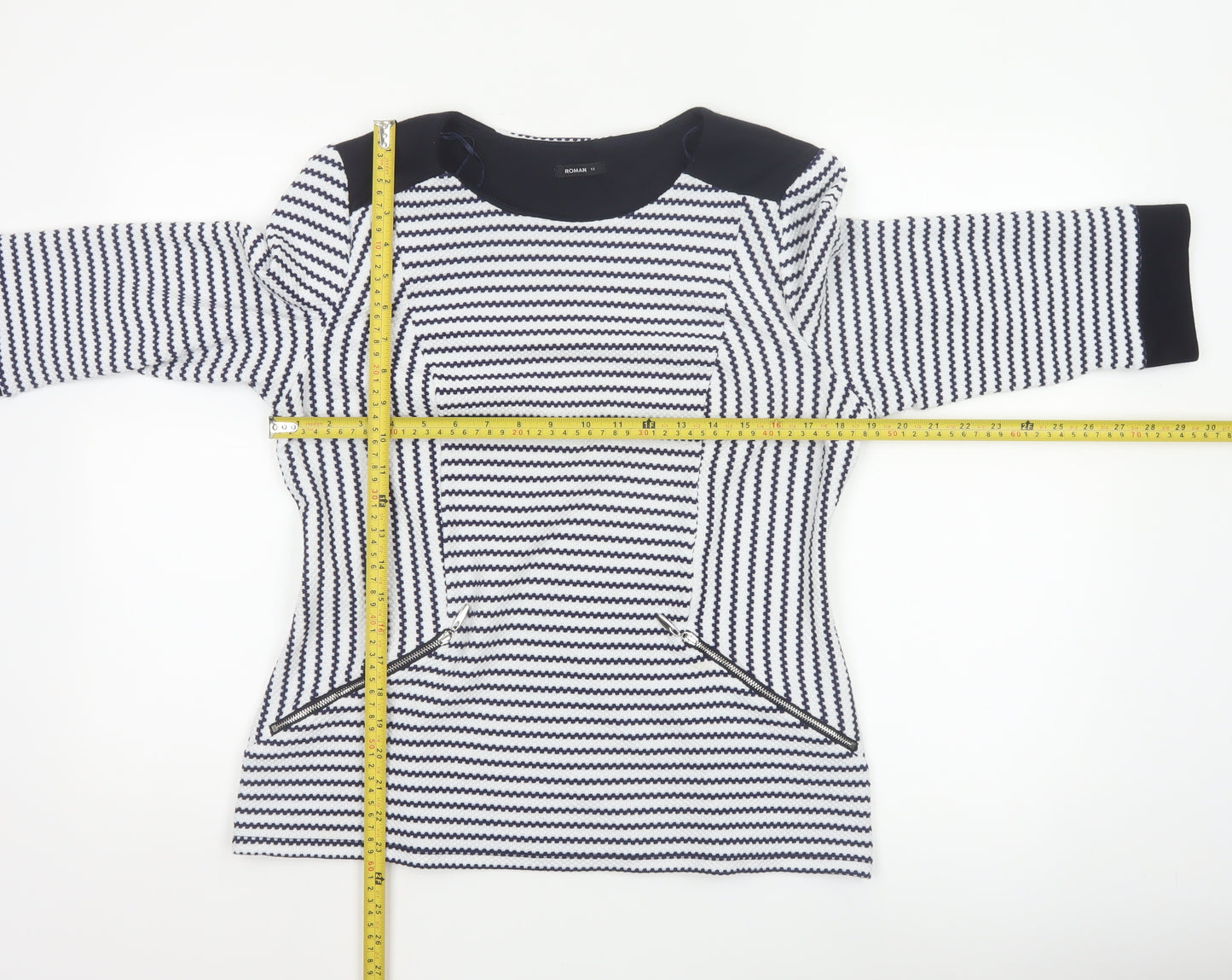 Roman Women’s Blue Striped Tunic Blouse Size 18 3/4 Sleeve Knit Top