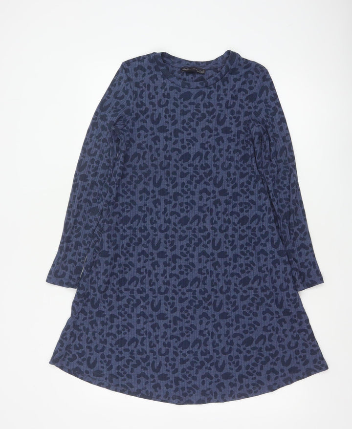 Marks and Spencer Women's Blue Animal Print Long Sleeve A-Line Dress Size 10