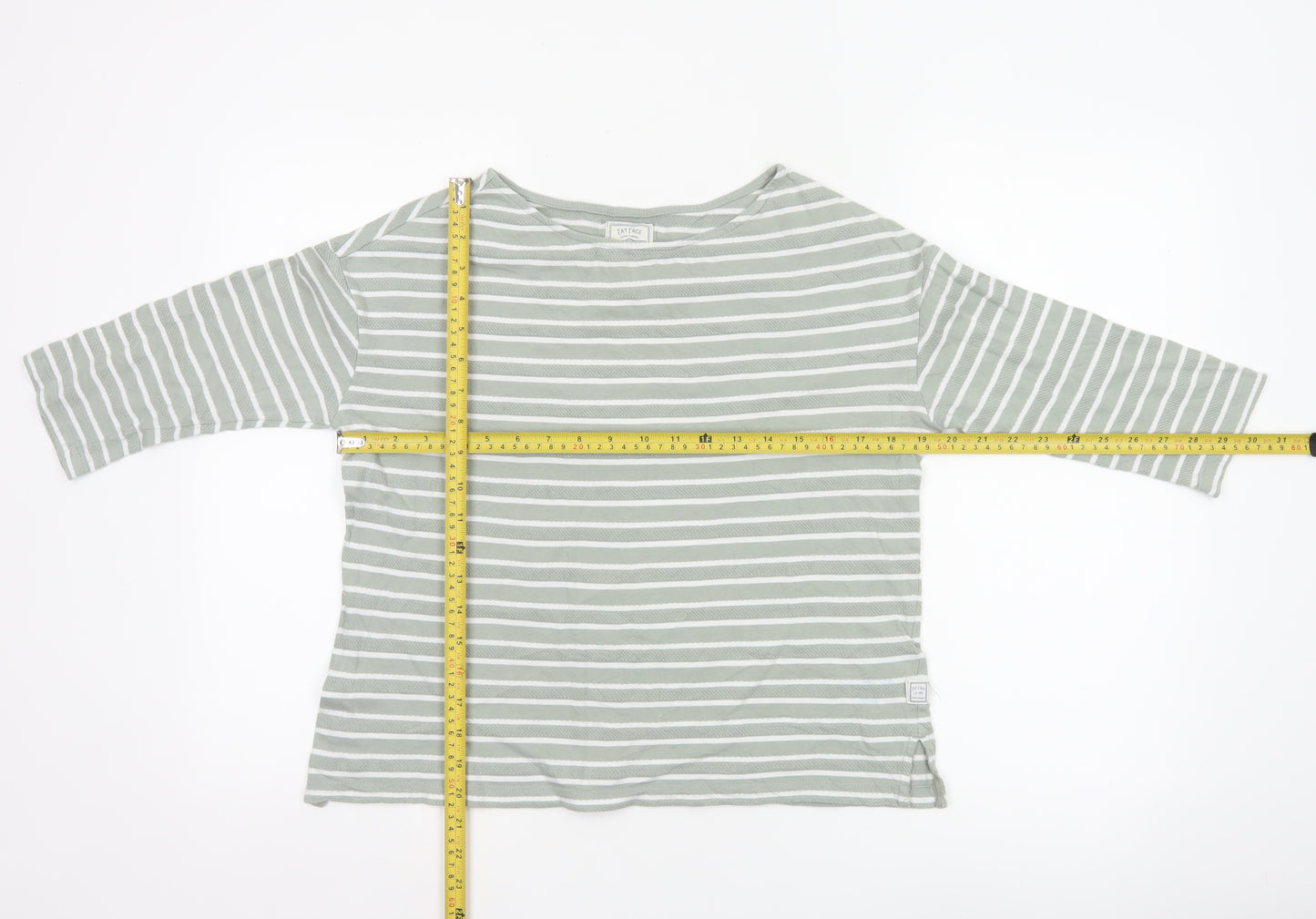 Fat Face Women Green Striped 3/4 Sleeve Cotton Boat Neck Top Size 6