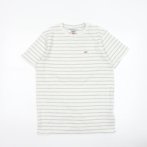 Tommy Jeans Men’s White Striped Cotton Crew Neck Short Sleeve T-Shirt M