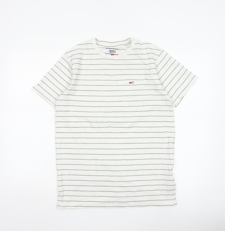 Tommy Jeans Men’s White Striped Cotton Crew Neck Short Sleeve T-Shirt M