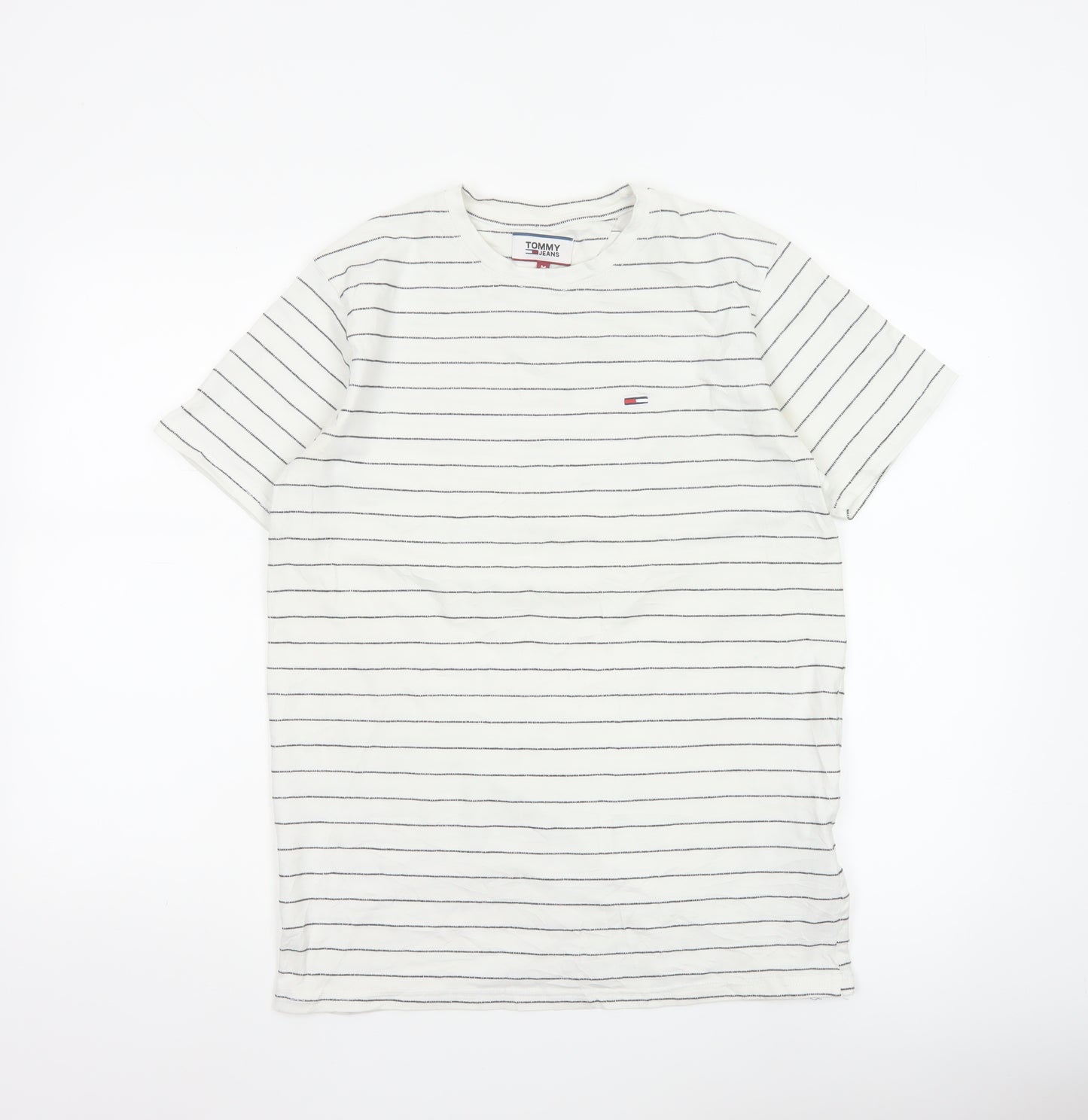 Tommy Jeans Men’s White Striped Cotton Crew Neck Short Sleeve T-Shirt M