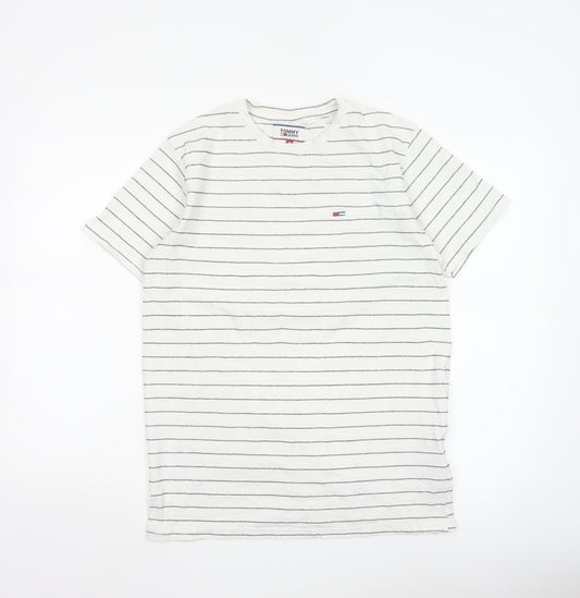 Tommy Jeans Men’s White Striped Cotton Crew Neck Short Sleeve T-Shirt M