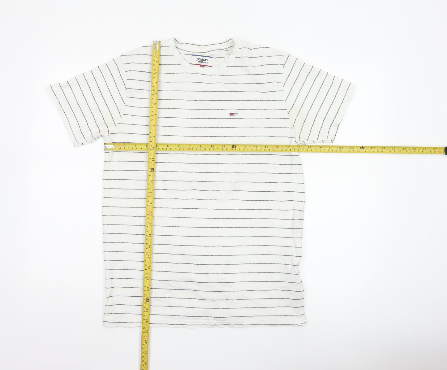 Tommy Jeans Men’s White Striped Cotton Crew Neck Short Sleeve T-Shirt M