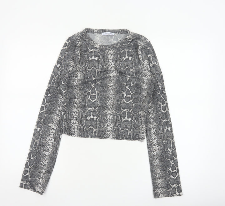 Zara Women Grey Snake Print Cropped Knit Top M