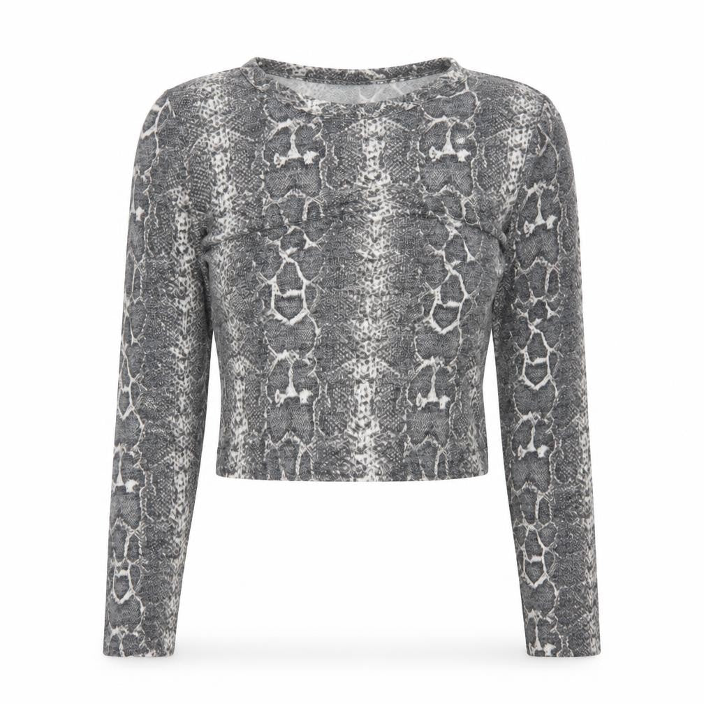 Front view of Zara Women Grey Snake Print Cropped Knit Top M