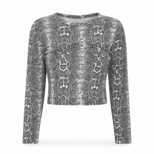 Front view of Zara Women Grey Snake Print Cropped Knit Top M